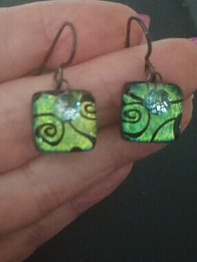Dichroic Glass Square Drop Earrings in Shimmering Green
